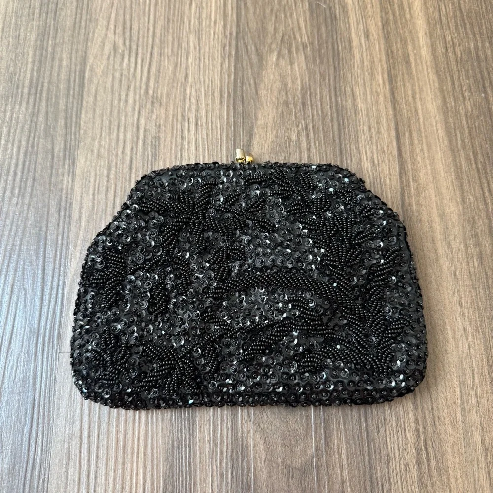 VTG Handmade Black Beaded Clutch‎ Made in British Hong Kong *READ*
